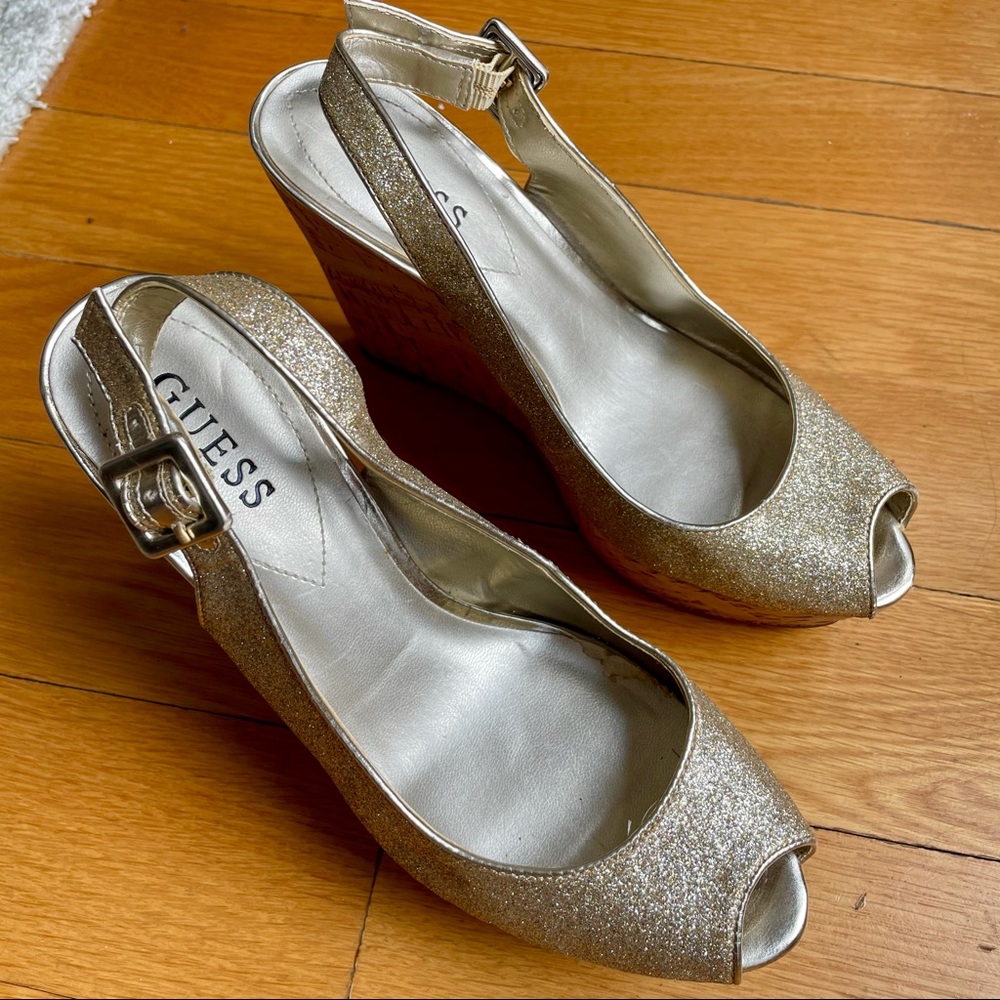 Guess Gold Sparkle Peep-toe Cork Wedge Sandal 8.5